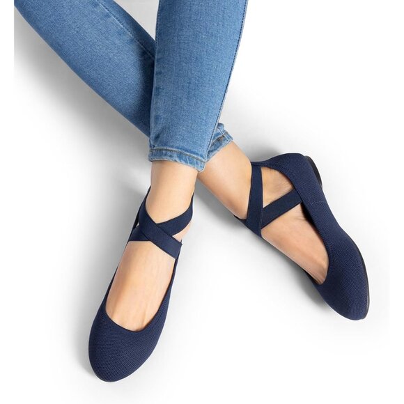 Dream Pairs Women Navy Faux Suede Flats Comfortable Elastic Ankle Straps Shoes - Picture 6 of 7